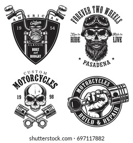 Set of vintage custom motorcycle emblems, labels, badges, logos, prints, templates. Layered, isolated on white background Easy rider