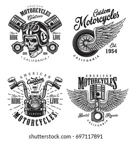 Set of vintage custom motorcycle emblems, labels, badges, logos, prints, templates. Layered, isolated on white background. Easy rider.