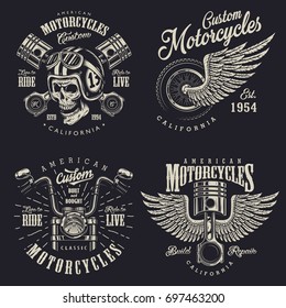 Set of vintage custom motorcycle emblems, labels, badges, logos, prints, templates. Layered, isolated on dark background Easy rider