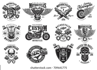 Set of vintage custom motorcycle emblems, labels, badges, logos, prints, templates. Layered, isolated on white background Easy rider