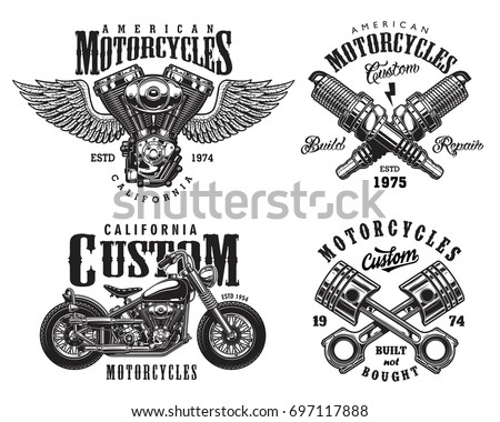 Set Vintage Custom  Motorcycle Emblems  Labels Vector de 