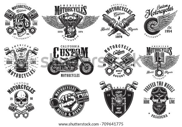 Set of vintage custom motorcycle emblems, labels,\
badges, logos, prints, templates. Layered, isolated on white\
background Easy rider