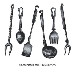 
Set of vintage cutlery and kitchen utensils.Spoon, fork,ladle, paddle and meat fork two teeth.Vector sketch of various kitchen tools. Isolated objects on white background. Clipart.