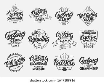 Set of vintage Cycling, Bicycle emblems and stamps. Sport badges, stickers on white background isolated. Collection of retro logos with hand-drawn text, phrases. Vector illustration