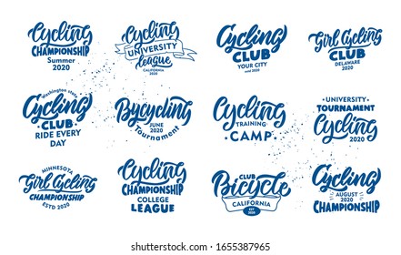 Set of vintage Cycling, Bicycle phrases. Blue emblems, badges, templates, stickers on white background. Collection of retro logos with hand-drawn text. Vector illustration