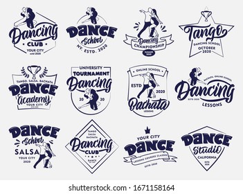 Set of vintage Dancing emblems and stamps. Sport badges, stickers on white background isolated. Collection of Bachata, Salsa, Tango logos with hand-drawn text, phrases. Vector illustration