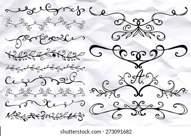 Set of Vintage Decorations Elements. Flourishes Calligraphic Ornaments and Frames. Retro Style Design Collection for Invitations, Banners, Posters, Placards, Badges and Logotypes.