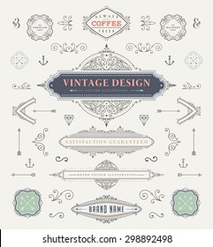 Set of Vintage Decorations Elements. Flourishes Calligraphic Ornaments and Frames. Retro Style Design Collection for Invitations, Banners, Posters, Placards, Badges and Logotypes.