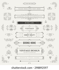 Set Of Vintage Decorations Elements. Flourishes Calligraphic Ornaments And Frames. Retro Style Design Collection For Invitations, Banners, Posters, Placards, Badges And Logotypes.