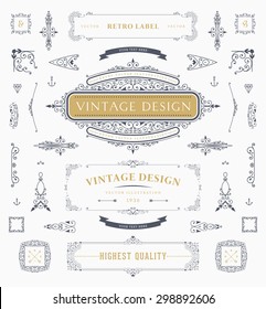 Set of Vintage Decorations Elements. Flourishes Calligraphic Ornaments and Frames. Retro Style Design Collection for Invitations, Banners, Posters, Placards, Badges and Logotypes.