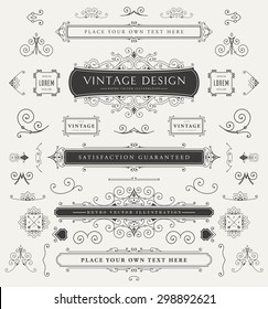 Set of Vintage Decorations Elements. Flourishes Calligraphic Ornaments and Frames. Retro Style Design Collection for Invitations, Banners, Posters, Placards, Badges and Logotypes.