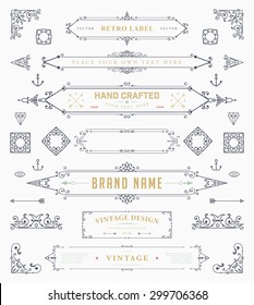 Set of Vintage Decorations Elements. Flourishes Calligraphic Ornaments and Frames. Retro Style Design Collection for Invitations, Banners, Posters, Placards, Badges and Logotypes.