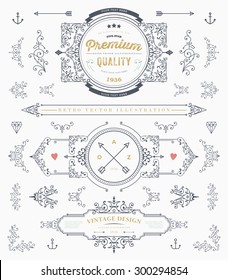 Set of Vintage Decorations Elements. Flourishes Calligraphic Ornaments and Frames. Retro Style Design Collection for Invitations, Banners, Posters, Placards, Badges and Logotypes.