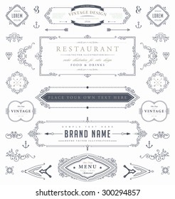 Set of Vintage Decorations Elements. Flourishes Calligraphic Ornaments and Frames. Retro Style Design Collection for Invitations, Banners, Posters, Placards, Badges and Logotypes.