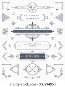 Set of Vintage Decorations Elements. Flourishes Calligraphic Ornaments and Frames. Retro Style Design Collection for Invitations, Banners, Posters, Placards, Badges and Logotypes.