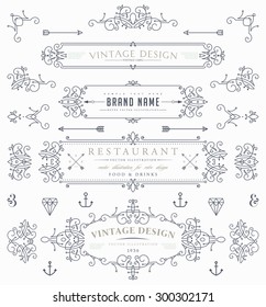 Set of Vintage Decorations Elements. Flourishes Calligraphic Ornaments and Frames. Retro Style Design Collection for Invitations, Banners, Posters, Placards, Badges and Logotypes.