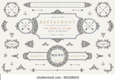 Set of Vintage Decorations Elements. Flourishes Calligraphic Ornaments and Frames. Retro Style Design Collection for Invitations, Banners, Posters, Placards, Badges and Logotypes.