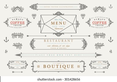 Set of Vintage Decorations Elements. Flourishes Calligraphic Ornaments and Frames. Retro Style Design Collection for Invitations, Banners, Posters, Placards, Badges and Logotypes.