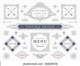 Set of Vintage Decorations Elements. Flourishes Calligraphic Ornaments and Frames. Retro Style Design Collection for Invitations, Banners, Posters, Placards, Badges and Logotypes.