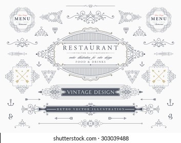 Set of Vintage Decorations Elements. Flourishes Calligraphic Ornaments and Frames. Retro Style Design Collection for Invitations, Banners, Posters, Placards, Badges and Logotypes.