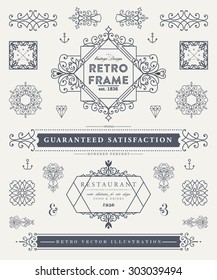 Set of Vintage Decorations Elements. Flourishes Calligraphic Ornaments and Frames. Retro Style Design Collection for Invitations, Banners, Posters, Placards, Badges and Logotypes.