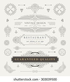 Set of Vintage Decorations Elements. Flourishes Calligraphic Ornaments and Frames. Retro Style Design Collection for Invitations, Banners, Posters, Placards, Badges and Logotypes.