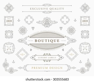 Set Of Vintage Decorations Elements. Flourishes Calligraphic Ornaments, Borders And Frames. Retro Style Collection For Boutique, Store, Shop, Restaurant, Hotel And Heraldic Logo. Identity Design.