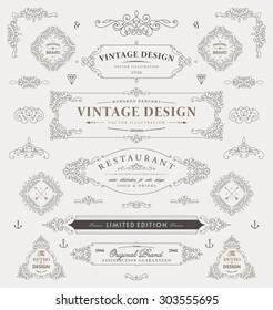 Set Of Vintage Decorations Elements. Flourishes Calligraphic Ornaments, Borders And Frames. Retro Style Collection For Boutique, Store, Shop, Restaurant, Hotel And Heraldic Logo. Identity Design.