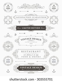 Set of Vintage Decorations Elements. Flourishes Calligraphic Ornaments, Borders and Frames. Retro Style Collection for Boutique, Store, Shop, Restaurant, Hotel and Heraldic Logo. Identity design.