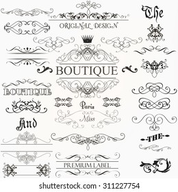 Set of vintage decorations elements flourishes calligraphic ornaments borders and frames retro style