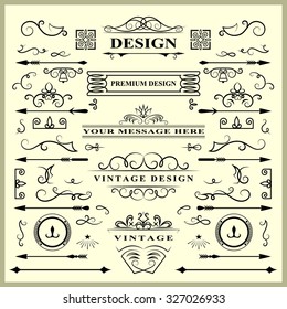 Set of Vintage Decorations Elements. Flourishes Calligraphic Ornaments and Frames. Retro Style Design Collection for Invitations, Banners, Posters, Placards, Badges and Logotypes. Vector illustration