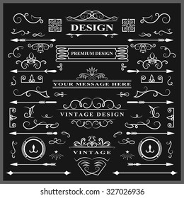 Set of Vintage Decorations Elements. Flourishes Calligraphic Ornaments and Frames. Retro Style Design Collection for Invitations, Banners, Posters, Placards, Badges and Logotypes. Vector illustration