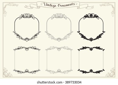 Set of Vintage Decorations Elements. Flourishes Calligraphic Ornaments and Frames. Retro Style Design Collection for Invitations, Banners, Posters, Placards, Badges and Logotypes