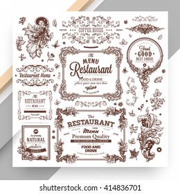 Set of Vintage Decorations Elements. Flourishes Calligraphic Ornaments and Frames. Retro Style Design Collection for Invitations, Banners, Posters, Placards, Badges and Logotypes.