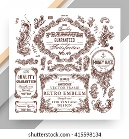 Set of Vintage Decorations Elements. Flourishes Calligraphic Ornaments and Frames. Retro Style Design Collection for Invitations, Banners, Posters, Placards, Badges and Logotypes.