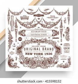 Set of Vintage Decorations Elements. Flourishes Calligraphic Ornaments and Frames. Retro Style Design Collection for Invitations, Banners, Posters, Placards, Badges and Logotypes.