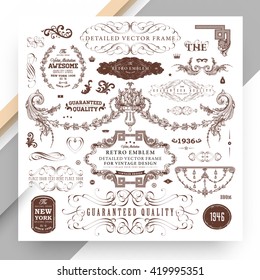 Set of Vintage Decorations Elements. Flourishes Calligraphic Ornaments and Frames. Retro Style Design Collection for Invitations, Banners, Posters, Placards, Badges and Logotypes.