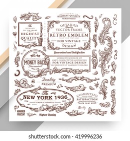 Set of Vintage Decorations Elements. Flourishes Calligraphic Ornaments and Frames. Retro Style Design Collection for Invitations, Banners, Posters, Placards, Badges and Logotypes.