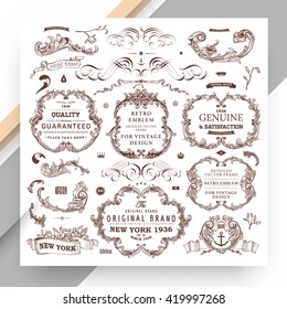 Set of Vintage Decorations Elements. Flourishes Calligraphic Ornaments and Frames. Retro Style Design Collection for Invitations, Banners, Posters, Placards, Badges and Logotypes.