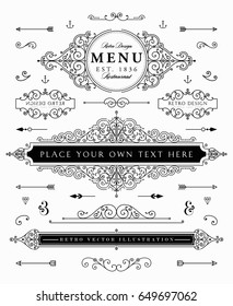 Set of Vintage Decorations Elements with Flourishes Calligraphic Ornaments and Frames. Retro Style Design Collection for Posters, Placards, Invitations, Labels, Badges and Logotypes. Eps10 vector.