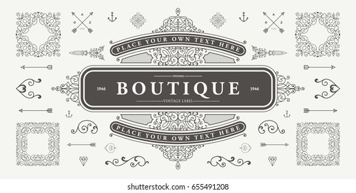 Set of Vintage Decorations Elements. Flourishes Calligraphic Ornaments and Frames. Retro Style Design Collection for Invitations, Banners, Posters, Placards, Badges and Logotypes.