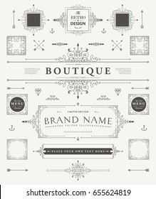 Set of Vintage Decorations Elements. Flourishes Calligraphic Ornaments and Frames. Retro Style Design Collection for Invitations, Banners, Posters, Placards, Badges and Logotypes.