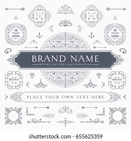 Set of Vintage Decorations Elements. Flourishes Calligraphic Ornaments and Frames. Retro Style Design Collection for Invitations, Banners, Posters, Placards, Badges and Logotypes.