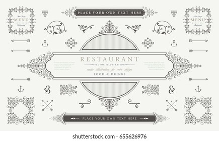 Set of Vintage Decorations Elements. Flourishes Calligraphic Ornaments and Frames. Retro Style Design Collection for Invitations, Banners, Posters, Placards, Badges and Logotypes.