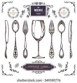 Set of Vintage Decorations Elements. Vintage spoon, fork and knife.