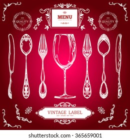 Set of Vintage Decorations Elements. Vintage spoon, fork and knife.