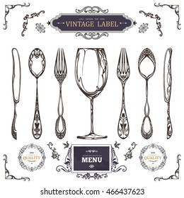 Set of Vintage Decorations Elements. Vintage spoon, fork and knife.