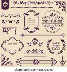 Set of vintage decorations isolated on clean background. Collection of text deviders, frames, page or web decorations, corners, vignettes, wreath and other design elements. Vector illustration.