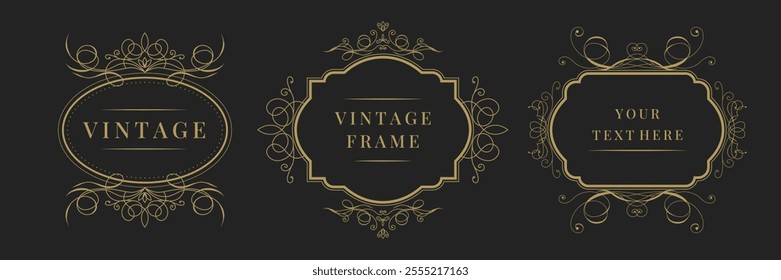 Set of vintage decorative calligraphic frames. Elegant retro ornamental borders. Vector illustration on black background