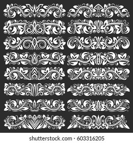 Set of vintage decorative elements. Floral decorations in antique style.